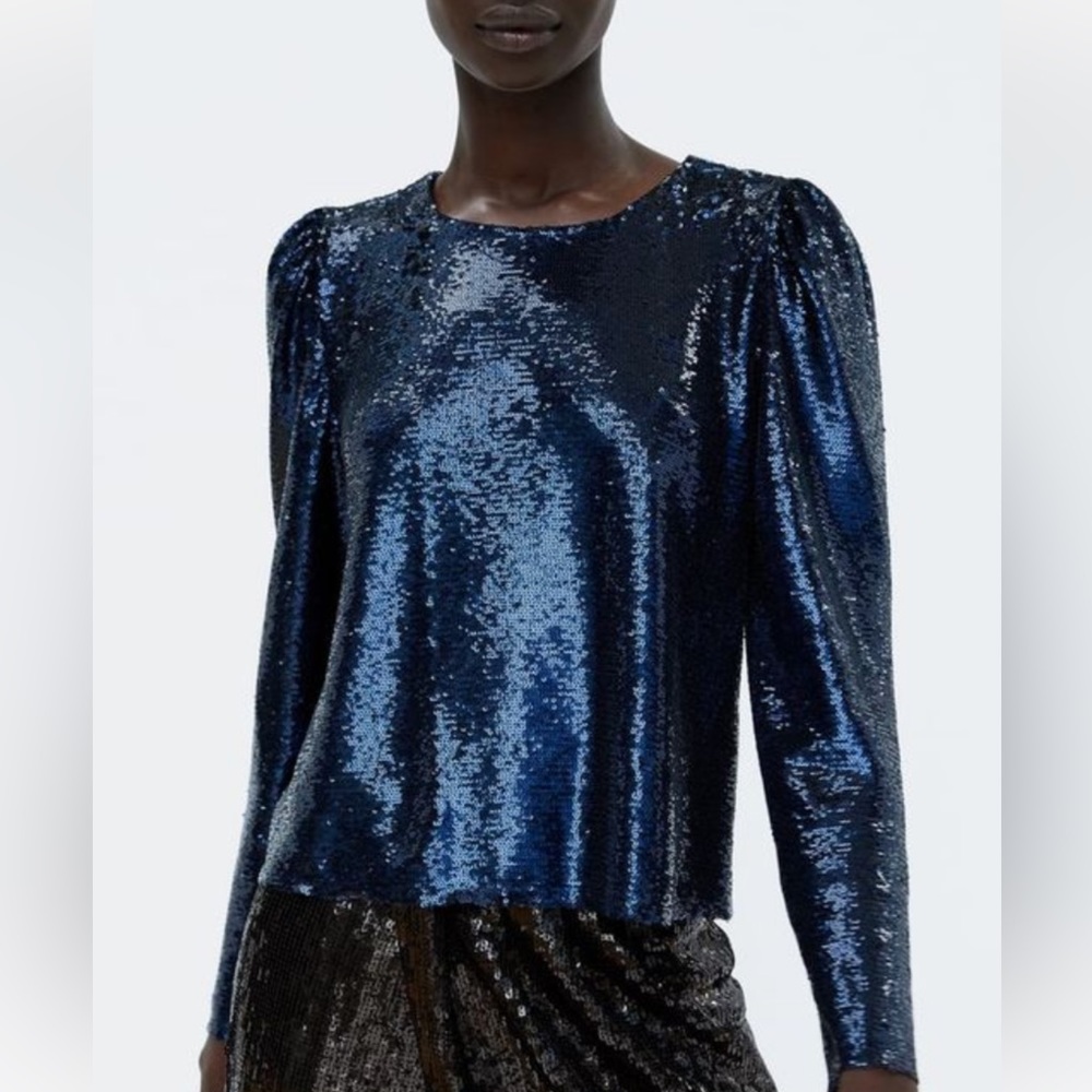 ZARA Blue sequin embellished long sleeve evening top party going out blouse - Picture 2 of 13
